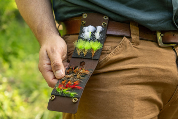 Leather and rubber fly wallet for fly fishing attached to belt 