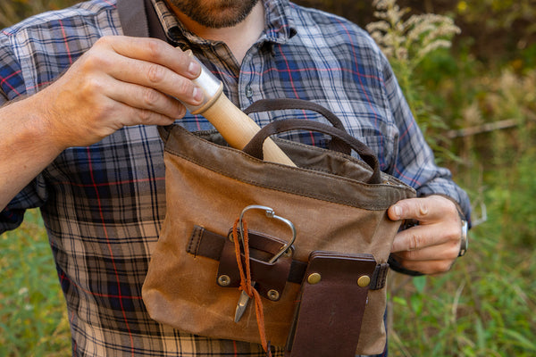 Carrying a Daggerfish Maple handline in a Field Bag with Strap Snap accessories attached to the outside