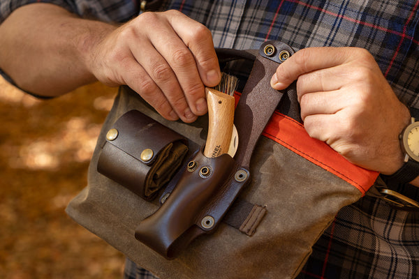 Daggerfish Foraging Kit with knife sheath mushroom knife and foraging bag attached to a Hunter FIeld Bag